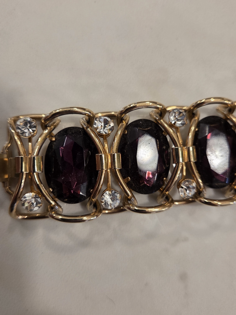 Gold Bracelet with Deep Purple Gemstones and Clear Accents - Picture 5 of 7
